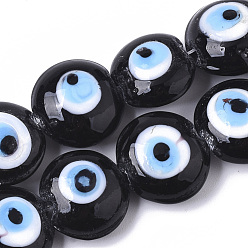 Black Handmade Evil Eye Lampwork Beads Strands, Flat Round, Black, 16~17x8~9mm, Hole: 1.8mm, about 24pcs/strand, 12.60''(32cm)