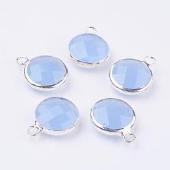Cornflower Blue Silver Color Plated Brass Glass Flat Round Charms, Faceted, Cornflower Blue, 12x8.5x3mm, Hole: 1.5mm