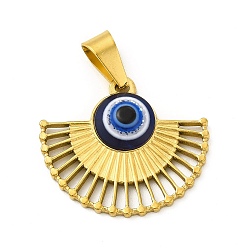 Golden Vacuum Plating 304 Stainless Steel Pendants, Fan Charms with Resin Blue Evil Eye, Golden, 24.5x28x5mm, Hole: 9x4.5mm