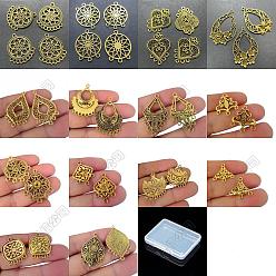 Mixed Shapes 84 pièces 14 styles maillons creux en alliage de zinc de style tibétain pour lustre, fleur losange triangle, Or antique, formes mixtes, 19~46x19~27mm, 6 pcs / style