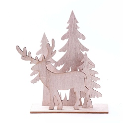 BurlyWood Undyed Platane Wood Home Display Decorations, Christmas Tree with Christmas Reindeer/Stag, BurlyWood, 153.5x42.5x146.5mm, 4pcs/set