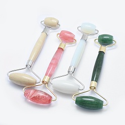 Mixed Stone Natural/Synthetic Gemstone Brass Face Massager, Facial Rollers, Mixed Color, 146~150x54~58x19~22mm