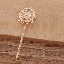 Light Gold Accessoires bobby épingle à cheveux en fer, avec les supports cabochon de la lunette en laiton filigrane fleur, or et de lumière, fleur: 20 mm