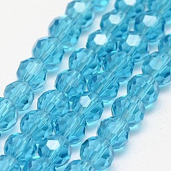 Sky Blue Glass Beads Strands, Faceted(32 Facets), Round, Sky Blue, 8mm, Hole: 1.5mm, about 66~67pcs/strand, 15.12 inch~15.35 inch(38.4~39cm)