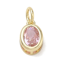 Pink Brass Pave Cubic Zirconia Charms, Oval Charms, Single Stone Charms, Long-Lasting Plated, Rack Plating, Lead Free & Cadmium Free, Real 18K Gold Plated, Pink, 12x8x6mm, Hole: 4mm