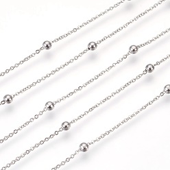 Stainless Steel Color 304 Stainless Steel Cable Chains, Satellite Chains, with Round Beads, Soldered, Flat Oval, Stainless Steel Color, Link: 1.5x1mm, Bead: 3mm