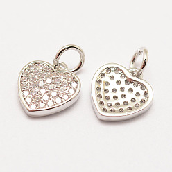 Real Platinum Plated Brass Micro Pave Grade AAA Cubic Zirconia Charms, Long-Lasting Plated, Heart, Cadmium Free & Nickel Free & Lead Free, Real Platinum Plated, 11x10x2mm, Hole: 3mm