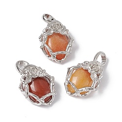 Желтый авантюрин Подвески из натурального желтого авантюрина, овальные амулеты, с фурнитурой в виде розы из латуни платинового цвета, без кадмия, без никеля и без свинца, 25~26x19~19.5x9~9.5 мм, отверстие : 7.5x5.5 мм