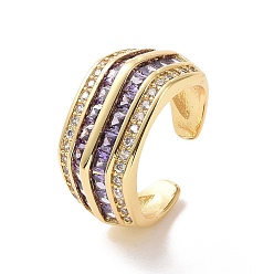Lilac Cubic Zirconia Multi Lines Open Cuff Ring, Real 18K Gold Plated Brass Thick Ring for Women, Cadmium Free & Nickel Free & Lead Free, Lilac, US Size 6 3/4(17.1mm)