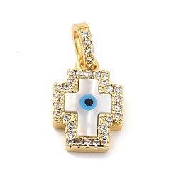 Cross Brass Micro Pave Cubic Zirconia Pendants, with Cellulose Acetate(Resin) Evil Eye, Golden, Cross, 15.5x10.5x3mm, Hole: 5x3.5mm