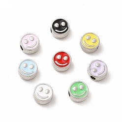 Mixed Color Rack Plating Alloy Enamel Beads, Cadmium Free & Nickel Free & Lead Free, Flat Round with Smiling Face Pattern, Platinum, Mixed Color, 7.5x4mm, Hole: 2mm