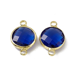 Sapphire Transparent K9 Glass Connector Charms, with Light Gold Plated Brass Findings, Faceted, Flat Round Links, Sapphire, 19.5x12.5x4.5mm, Hole: 2mm