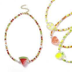 Mixed Shapes Acrylic Enamel Fruit Pendant Necklace with Glass Seed Chains for Women, Mixed Shapes, 16.54 inch(42cm)