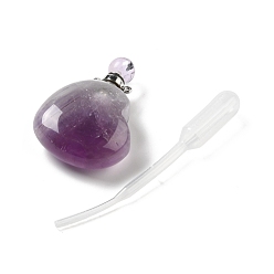 Аметист Кулоны для духов из натурального аметиста, для эфирного масла, духи, с латунными наконечниками и пипетками платинового цвета, сердце, 42x29~32x12~12.5 мм, отверстие : 1.5~1.8 мм