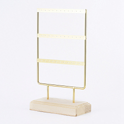 Golden Iron 3-Tier Earring Display Stand, for Hanging Dangle Earring, with Wood Pedestal, Golden, 14.8x26.4x7.5cm