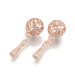 Rose Gold Alloy European Dangle Charms, Large Hole Pendants, Hollow, Round with Tassel, Rose Gold, 30.5mm, Hole: 5mm, 15x3.5mm