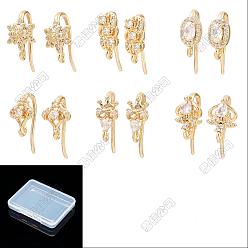 Real 18K Gold Plated 14Pcs 7 Styles Brass Micro Pave Clear Cubic Zirconia Earring Hooks, Real 18K Gold Plated, 13~18x6~8.5x8~9.5mm, Hole: 1~1.2mm, Pin: 1mm, 2pcs/style