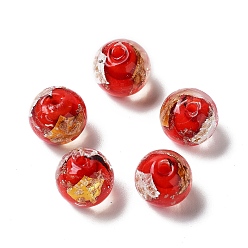 Red Handmade Lampwork Bead, with Gold Foil, Round, Red, 11.5~12x11~11.5mm, Hole: 1.8~2mm