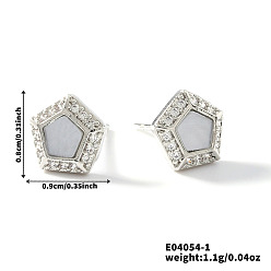 Белый Латунные серьги-гвоздики с прозрачным кубическим цирконием в форме пятиугольника, платина, белые, 8x9 мм