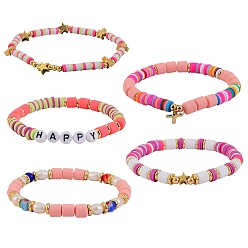 Pink 5Pcs 5 Style HAPPY Disc & Column Beads Stretch Bracelets Sets for Teen Girl Women, Handmade Polymer Clay & Brass & Acrylic Enamel Beads Bracelet, Mixed Color, Inner Diameter: 2-1/8~2-1/8 inch(5.3~5.5cm), 1pc/style