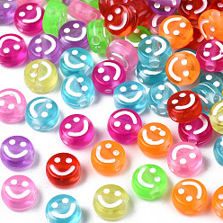 Mixed Color Transparent Acrylic Beads, Flat Round with Enamel Smiling Face, Mixed Color, 7x4mm, Hole: 1.6mm, about 4150pcs/500g