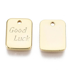 Real 18K Gold Plated Brass Charms, Nickel Free, Rectangle with Word Good Luck, Real 18K Gold Plated, 9x7x1mm, Hole: 1mm