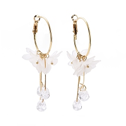Clear Acrylic Imitation Shell Flower with Glass Tassel Dangle Hoop Earrings with 925 Sterling Silver Pins, Iron Jewelry for Women, Clear, 69mm, Pin: 0.7mm