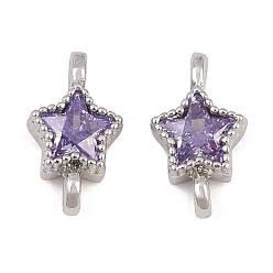 Platino Conectores de latón con circonitas cúbicas lilas engastadas, enlaces estrella, chapado en rack, larga duración plateado, Platino, 9.5x5x3 mm, agujero: 1.2 mm