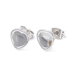 Stainless Steel Color 304 Stainless Steel Stud Earring Finding, Earring Settings, Heart, Stainless Steel Color, Tray: 7x7mm, 9x9mm, Pin: 0.8mm