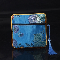 Dodger Blue Square Chinese Style Cloth Tassel Bags, with Zipper, for Bracelet, Necklace, Dodger Blue, 11.5x11.5cm