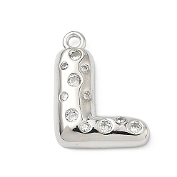 Letter L Латунные микропаве прозрачные подвески с фианитом, без кадмия и без свинца, долговечный, стойки покрытие, платина, Письмо L, 21.5x17x4 мм, отверстие : 1.8 мм