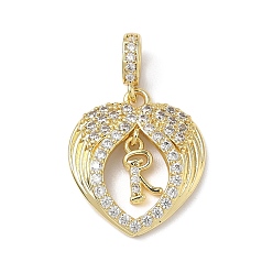 Letter R Латунные микропаве прозрачные подвески с фианитом, крыло с буквенными подвесками, без свинца и без кадмия, долговечный, стойки покрытие, реальный 18 k позолоченный, Буква R, 20.5x18x3.5 мм, отверстие : 4.5x3.5 мм