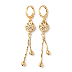 Light Gold Rhinestone Love Heart Leverback Earrings, Brass Chains Tassel Earrings for Women, Light Gold, 58~59x9mm