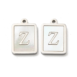 Stainless Steel Color 304 Stainless Steel Pave Shell Pendants, Rectangle Charms with Letter Z, Stainless Steel Color, 18x12x2mm, Hole: 1.4mm