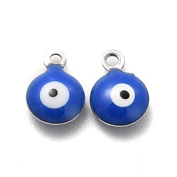 Blue 304 Stainless Steel Evil Eye Enamel Charms, Flat Round Charm, Stainless Steel Color, Blue, 7.5x6x3mm, Hole: 1mm