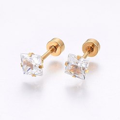 Golden 304 Stainless Steel Earlobe Plugs, Screw Back Earrings, with Glass Rhinestone, Square, Crystal, Golden, 3x3mm, Pin: 1mm, 12pairs/bag