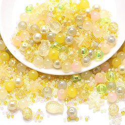 Yellow Glass Beads, Round & Starfish & Fish & Rondelle, Mixed Style, Yellow, 2~14x2~10x1~8.5mm, Hole: 0.8~1.5mm