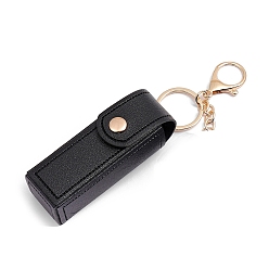 Black PU Leather Lipstick Storage Bags, Portable Lip Balm Organizer Holder for Women Ladies, with Light Gold Tone Alloy Keychain, Black, Bag: 9x2.5cm