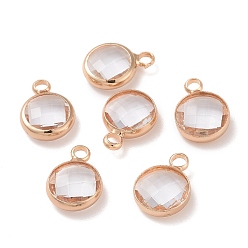 Clear Golden Tone Brass Glass Flat Round Charms, Faceted, Clear, 14x10.5x5mm, Hole: 1.5mm