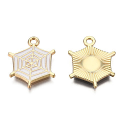 White Light Gold Plated Alloy Pendants, with Enamel, Spider Web, White, 20x16.5x1.5mm, Hole: 2mm