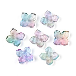 Темный Голубой Расписные прозрачные стеклянные шапочки для запекания, два тона, цветок, темные голубые, 10x10x3.5~4 мм, отверстие : 1~1.4 мм