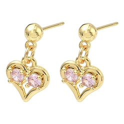 Pink Серьги-гвоздики в форме сердца из латуни с микропаве из кубического циркония ко Дню святого Валентина, без кадмия и без свинца, долговечный, стойки покрытие, реальный 18 k позолоченный, розовые, 18x10 мм