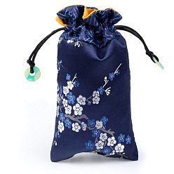 Marine Blue Chinese Style Silk Drawstring Jewelry Gift Bags, Jewelry Storage Pouches for Cell Phone, Rectangle with Plum Bossom Flower Pattern, Marine Blue, 15x9cm
