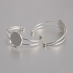Silver Brass Cuff Bangle Making, Blank Bangle Base, with Flat Round Tray, Silver Color Plated, 60mm, Tray: 25mm