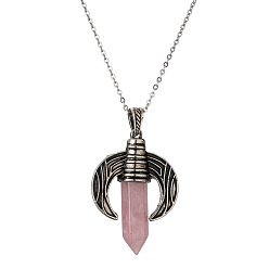 CN000517 Pink Crystal Stainless Steel Chain Retro Tiger Eye Agate Pendant Necklace with Moon Shape Hexagonal Prism, Fashionable and Versatile Unisex Jewelry