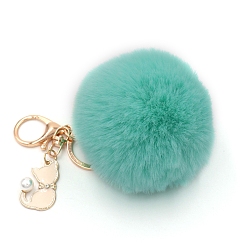 Turquoise Imitation Rabbit Fur Pom-Pom & Cat Keychain, Bag Pendant Decoration, Turquoise, 8cm