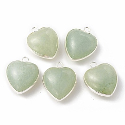 Green Aventurine Natural Green Aventurine Pendants, with Silver Color Plated Brass Findings, Heart Charms, 18~19x15~17x7~10mm, Hole: 2mm