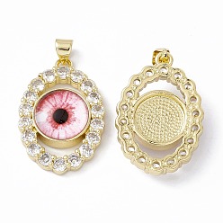 Red Rack Plating Brass Micro Pave Clear Cubic Zirconia Pendants, with Resin, Real 18K Gold Plated, Long-Lasting Plated, Cadmium Free & Lead Free, Oval with Evil Eye, Red, 29x19.5x7mm, Hole: 4x3mm