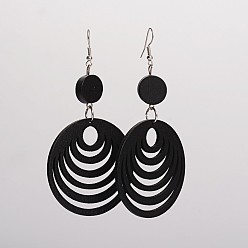 Black Trendy Wood Dangle Earrings, with Platinum Plated Iron Earring Hooks, Flat Round and Oval, Black, 94x49.5mm, Pin: 0.8mm