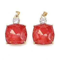 Красный Латунные микро проложить кубического циркония подвески, со стеклом, квадратных амулеты, стойки покрытие, без кадмия и без свинца, долговечный, реальный 18 k позолоченный, красные, 28x19x10.5 мм, отверстие : 4.5x3.5 мм